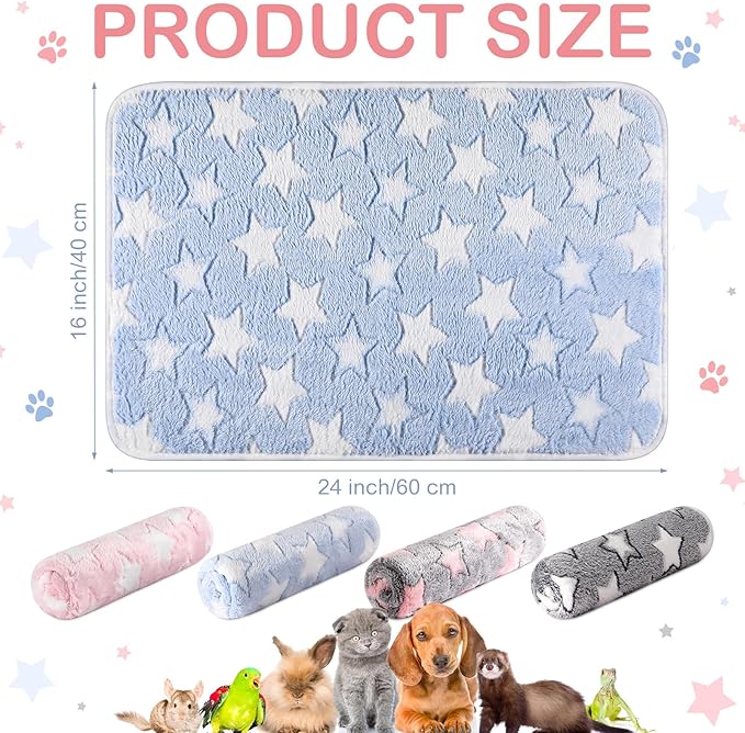 Reginary 4 Pcs Waterproof Guinea Pig Blankets Washable Small Animal Fleece Bedding Absorbent Guinea Pig Cage Liners Reusable Training Pee Pad Pet Sleep Mat for Hamster(Cute Star Pattern,24 x 16 Inch)