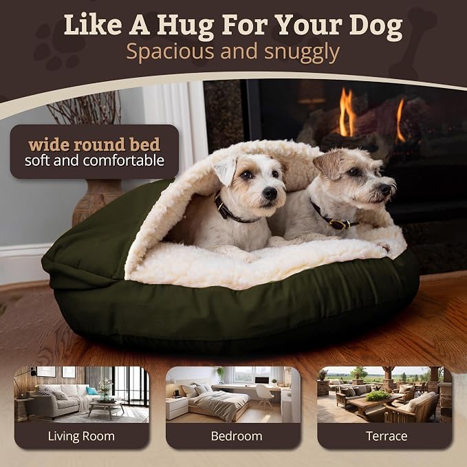 Snoozer Cozy Cave Dog Bed - Indoor Dog Bed with Cover Cave, Covered Calming Burrow for Small Sized Pets with Blanket Attached, Enclosed, Removable Washable Cover - Small, Olive