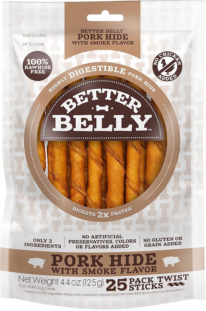 Better Belly Highly Digestible Rawhide Twist Sticks Chews, Treat Your Dog to a Chew with NO Artificial Colors or Flavors 25 Count (Pack of 24)