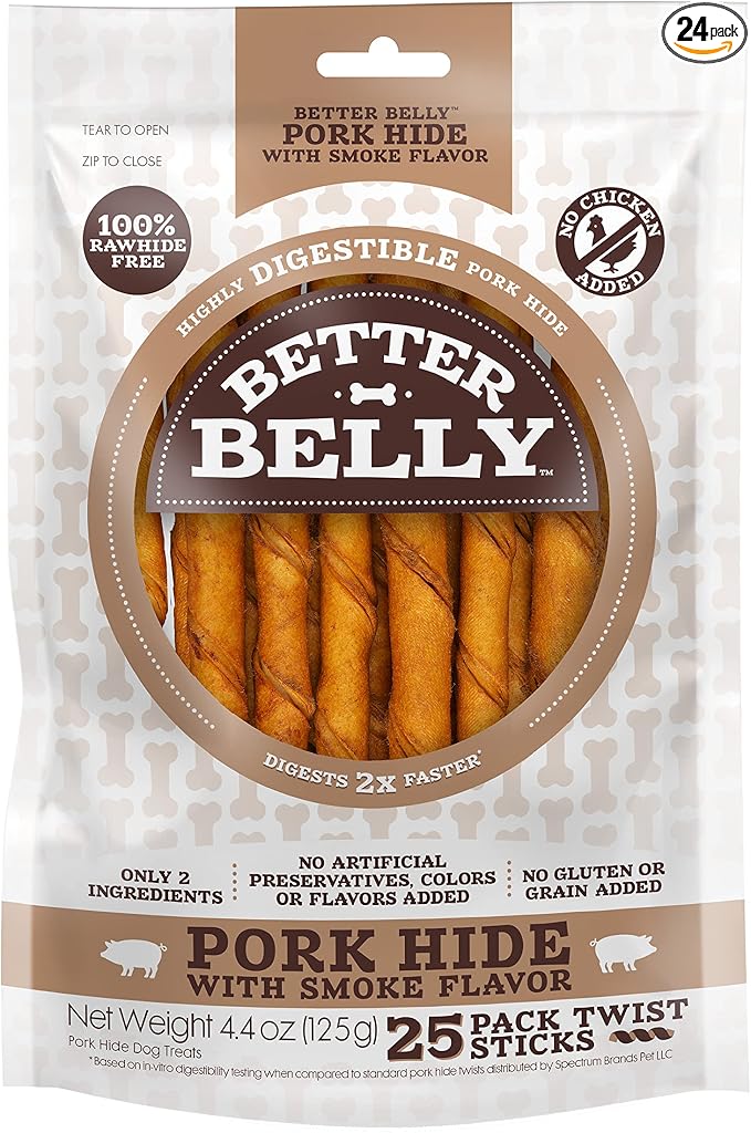 Better Belly Highly Digestible Rawhide Twist Sticks Chews, Treat Your Dog to a Chew with NO Artificial Colors or Flavors 25 Count (Pack of 24)