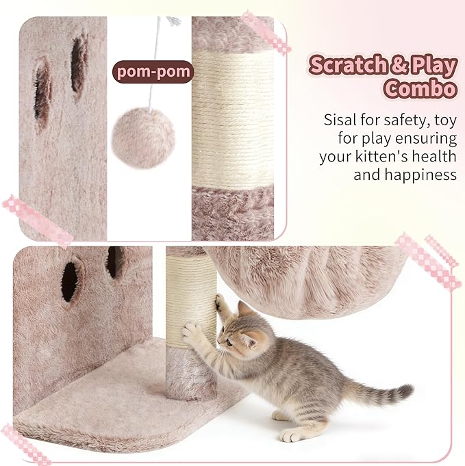 Heybly Cat Tree, 26.3-inch Cat Tower with Spacious Top Perch for Large Cats, Stair-Style Cat House Furniture with Dual-Layer Condos, Sisal Scratching Posts, Cozy Basket & Pompom, Muchroom HCT204SMU