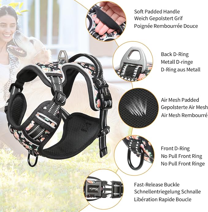 HEELE Dog Harness, No Pull Adjustable Padded Reflective Harness for Small Medium Large Dogs with Handle for Walking Training, Flower-Black, M