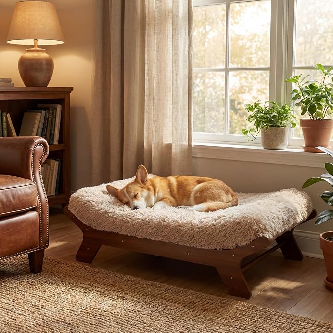 Muihood Wood Elevated Dog Bed Frame and Egg Crate Foam Mattress, Luxurious Suitable for Pets Up to 60 lbs, Walnut Grain Pattern, M