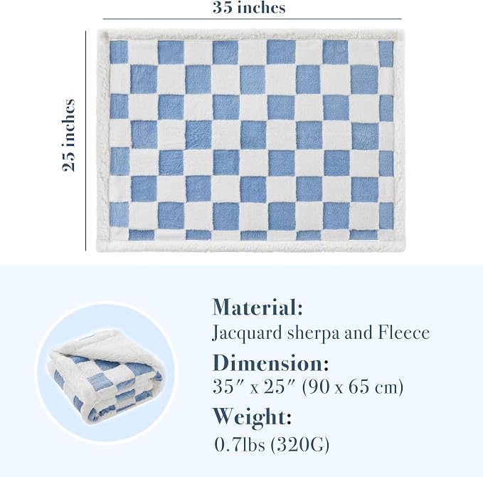 Ohocut Checkered Dog Blanket, Blue Jacquard Sherpa Blanket for Small Dog and Cats, Cute Aesthetic Style Fluffy Fleece Pets Blanket for Couch Protection Washable, 25"x35"