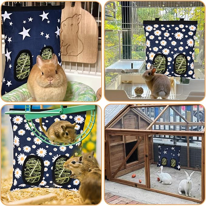 Upgraded Rabbits Hay Feeder Bag for Bunny, Guinea Pigs, Chinchillas - Hanging Washable 2-Hole Hay Dispenser with 600D Oxford Fabric, Small Animal Cage Accessories （Blue Star and Blue Daisy）