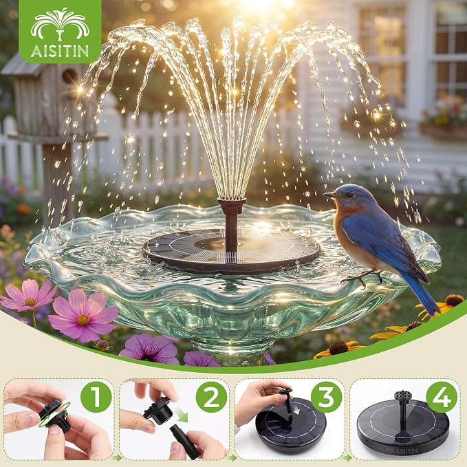 AISITIN Solar Fountain, 2.5W Solar Water Fountain Pump with 6 Nozzles & 4 Tube Supports, 6.7" Solar Powered Fountain for Garden, Pond, Pool, Fish Tank, Aquarium Outdoor