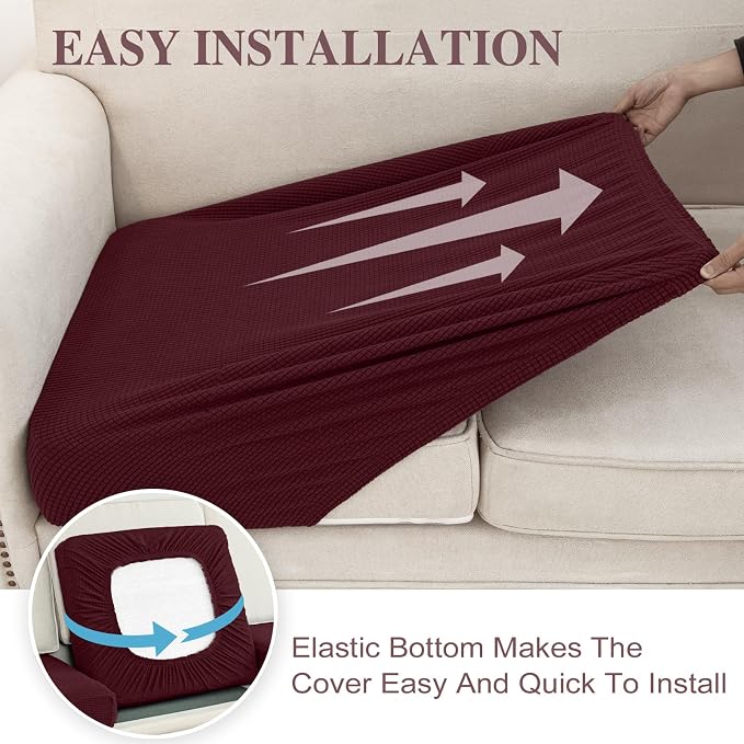 LA MEACK Couch Cushion Covers Seat Cushion Cover Stretch Couch Cover Separate Sectional Sofa Slipcovers Furniture Protector(3 Pieces for Seat or Sofa Backrest, Burgundy)