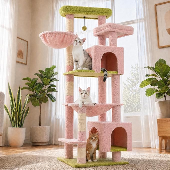 69” Tall Cat Tree for Indoor Cats Large Adult, Multi-Level Cat Tower with Scratching Post, Dual Top Perches, Big Hammock & 2 Spacious Condos, Cat Furniture for Multi-Cat Households, Pink/Green