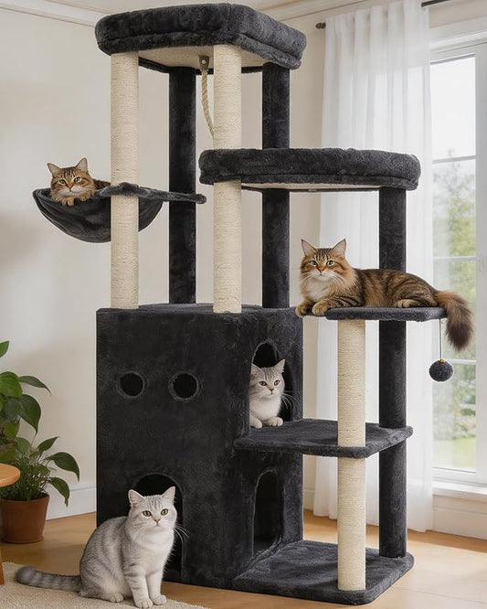 Heybly Cat Tree, 59.4" Secure Anti-Tip Cat Tower for Large Cats, Spacious Cat Furniture with Dual-Tier Cat Condo, 2 Top Perches, Hammock and Sisal Scratching Posts, Smoky Gray HCT055G