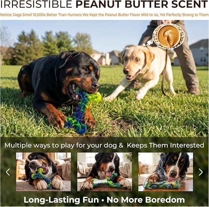 Kseroo Dog Chew Toys, 3-Pack, Peanut Butter, Medium & Large Dogs, Green | Indestructible, Rock-Hard Nylon, For Aggressive Chewers, 25-90lbs, Keeps Dogs Busy