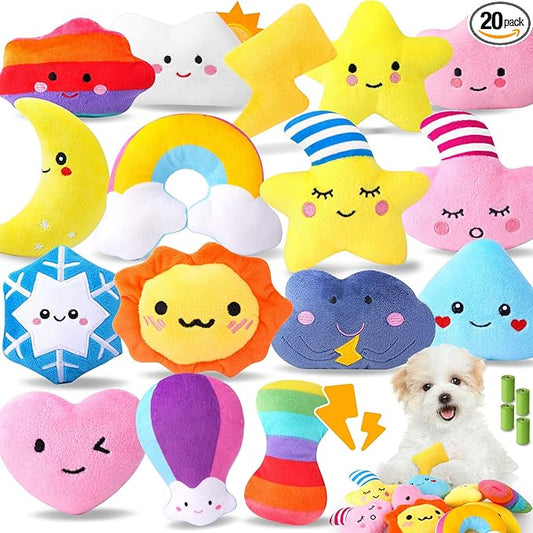 Irresistible Weather-Themed 20-Pack Squeaky Dog Toys Set for Small Dogs & Puppies, Included 16 Plush Toys with Vibrant Characters to Keep Them Busy & 4 Dog Bags