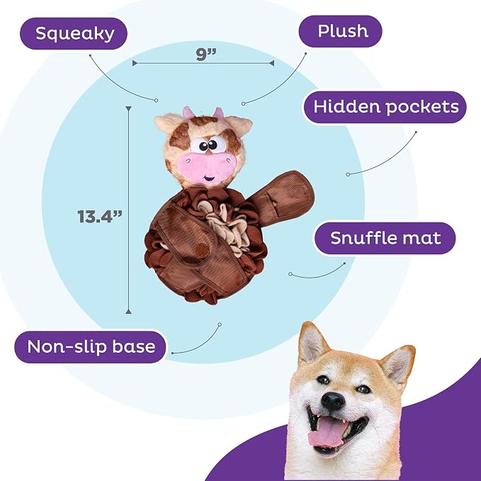 Outward Hound by Nina Ottosson Snuffle Palz Plush Snuffle Mat Dog Treat Puzzle, Non-Slip, Brown, Cow, Large