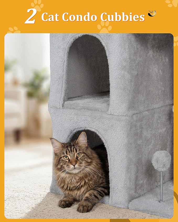 Aechonow Cat Tree for Large Cat, 19x16.5In Large Cat Perch, Adult Cat Tower for Indoor Cats with 24In Long Scratching Post, 2 Cozy Cat Condo House for Adult & Fat Cats, Light Gray
