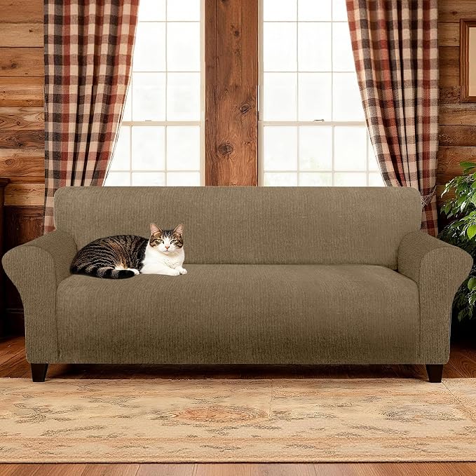Waterproof Couch Cover, Stretch Non-Slip Sofa Slipcover with Elastic Bottom that Stays in Place - Leakproof Furniture Protector for Kids and Pets - Washable (Sofa, Brown)
