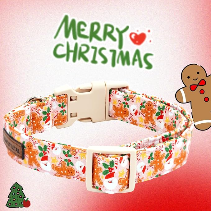 Elegant little tail Christmas Dog Collar - Pink Gingerbread Man Print Cotton Soft Plastic Buckle Sturdy Puppy Collars Holiday Female or Male Adjustable Collar for X-Small Dogs
