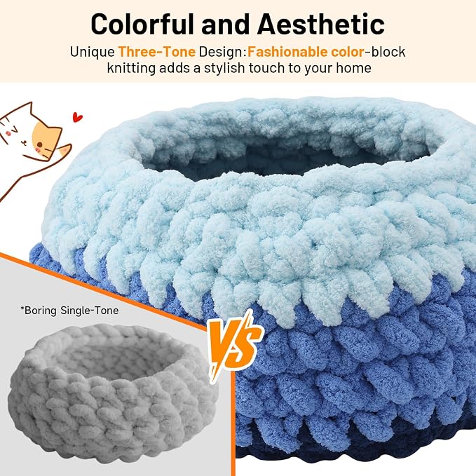 Handwoven Soft Cat Cave Bed, Indoor Cat Beds with Washable Round Nest, Kitten House & Cat Furniture, Cloud Blue