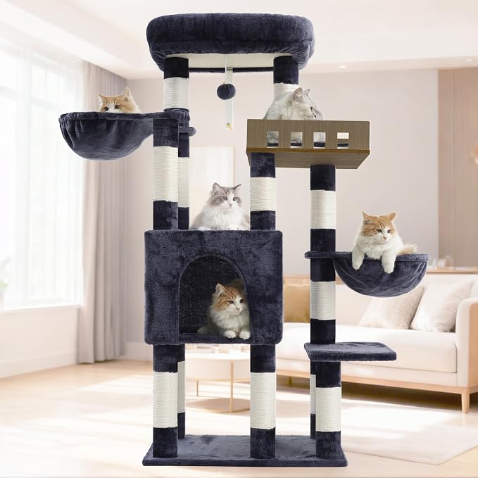 Gitelsnour Cat Tree for Indoor Cats Large Adult, Heavy Duty Cat Tree for Large Cats 20 lbs+, Cat Condo with Big Wooden Perch, Cat Tower with 14 Scratching Posts, Hammock, Smoky Gray GCT023G