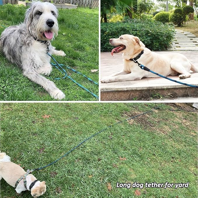 BTINESFUL Tie-Out Check Cord Long Rope Dog Leash, 8ft 12ft 20ft 30ft 50ft 75ft Outdoor Dog Tether for Yard- Large Medium Dogs Training, Playing, Camping, or Backyard (12ft, Blue Black)