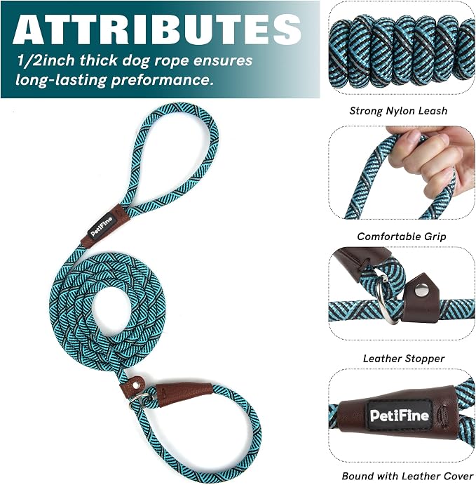 PetiFine Slip Lead 6FT x 3/8" Reflective Durable Dog Training Leash, Heavy Duty Adjustable Nylon Dog Rope Leash for Small Medium Large Dogs (Blue)