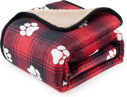 Waterproof Dog Blankets Pet Blanket 60"x80", Soft Fluffy Sofa Car Bed Protector, Reversible Sherpa Fleece Dog Blanket for Large Dogs Christmas Decor(Paw Red)