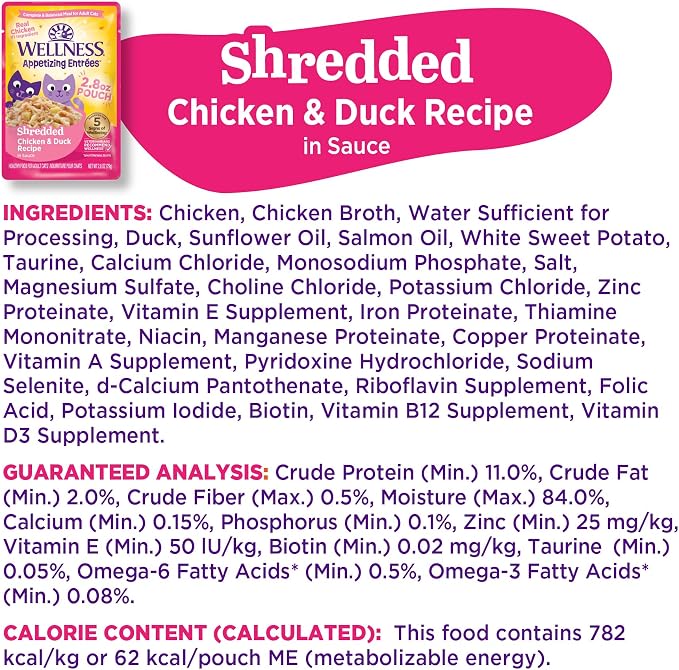 Wellness Appetizing Entrées Shredded Adult Wet Cat Food, Natural, Protein Rich, Grain Free, Chicken and Duck Recipe, 2.8 oz, Pack of 8 Pouches
