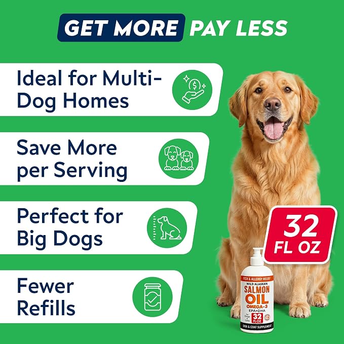 StrellaLab 32 OZ Salmon Oil for Dogs - Omega 3 for Dogs & Cats, Itch & Allergy Relief, Wild Alaskan Salmon Oil for Skin & Coat, Fish Oil Liquid, Shedding Health Support EPA & DHA Fatty Acids