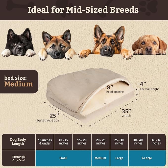 Snoozer Rectangle Cozy Cave Dog Bed - Indoor Dog Bed with Cover Cave, Covered Calming Burrow for Small & Medium Sized Pets with Blanket Attached, Enclosed, Washable Cover - Medium, Buckskin