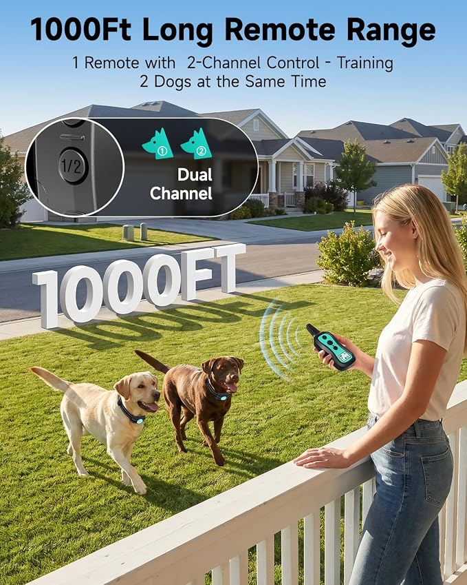 PATPET Dog Shock Collar with Remote Control - 3 Training Modes(Beep,Vibration,Shock) Shock Collar for Dogs, 1000Ft IP67 Waterproof Adjustable Dog Training Collar for Small Medium Large Dogs(Teal)