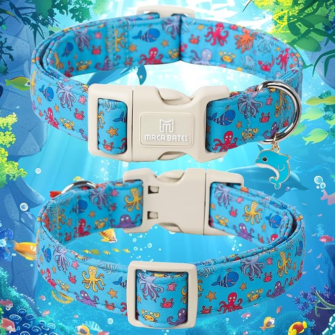 Maca Bates Summer Cute Sea World Dog Collar for Extra Large Boy Girl with Dolphin Charm,Blue Nautical Fish Octopus Pattern,Adjustable Durable Soft Birthday Gift Collars for Male Female Puppy