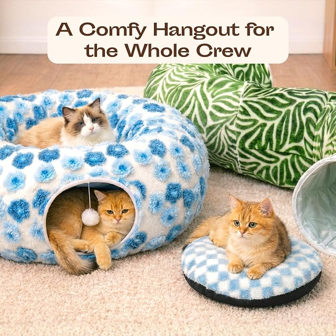 Meowfia Indoor Cat Tunnel with Donut Bed - Large Flexible Play Space for Multiple Pets - Circle or Snake Shape, Cozy Lounge (Blue Blossom)