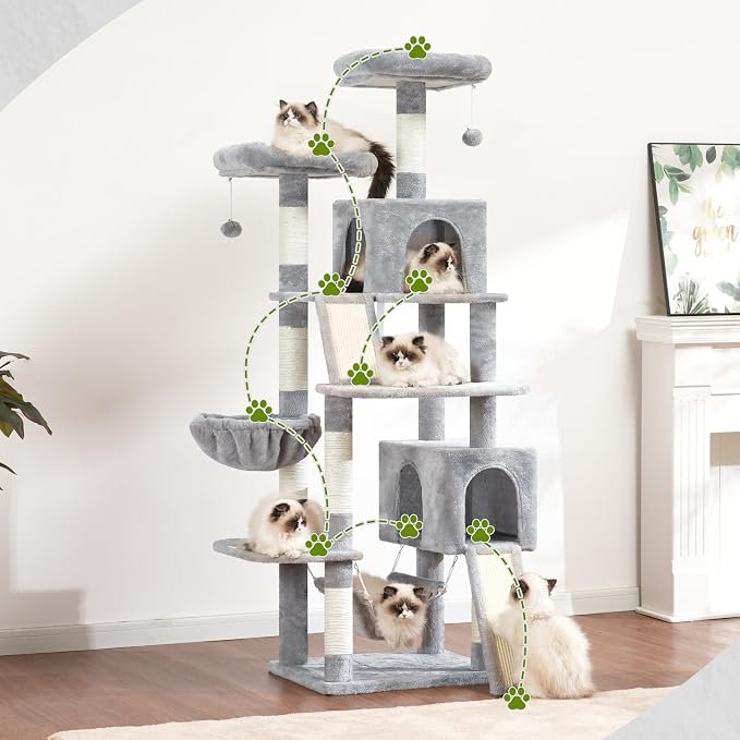 Gitelsnour Cat Tree for Indoor Cats, 71'' (180cm) Multi-Level Cat Tower for Large Adult, Sturdy Cat Tree House with 2 Scratching Boards 7 Posts, 2 Plush Perches/Condos, Hammock, Light Gray GCT032W