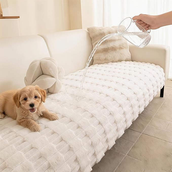 MYSKY HOME 100% Waterproof Couch Cover for Dogs, Plush Pet Couch Covers for Sofa Washable, Couch Covers for 3 Cushion Sofa Pet Friendly, Non-Slip Durable Sofa Cover Slipcover Protector, Cream, 35"x71"