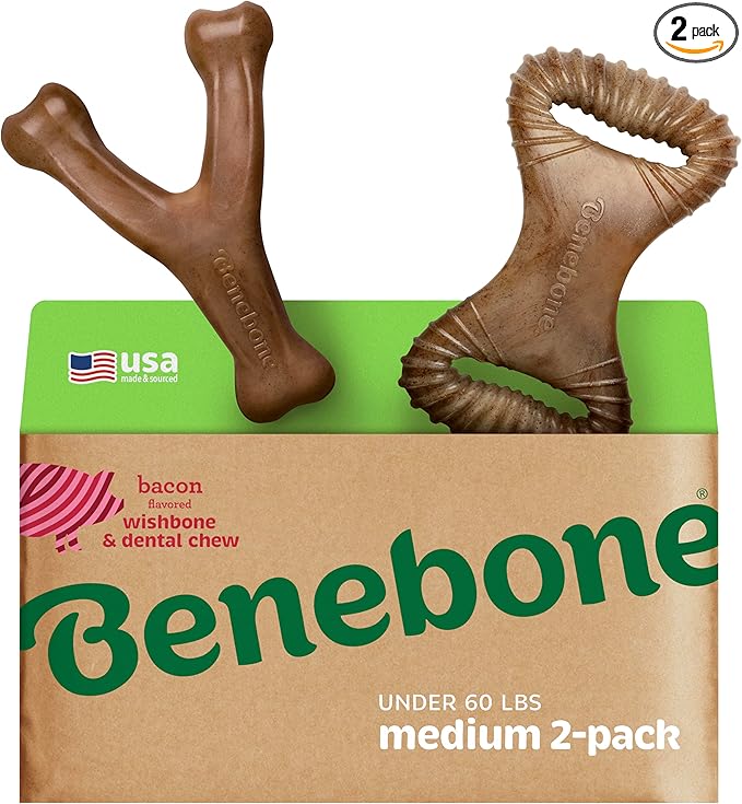 Benebone 2-pack Wishbone/Dental Durable Dog Chew Toys, Dog Toys for Aggressive Chewers, Real Bacon, Made in USA, Medium