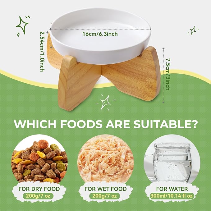 Raised Cat Bowl, 6.3'' Wide Shallow Elevated Cat Food Bowl, Ceramic Anti Vomit Pet Feeder with Stand, Anti Whisker Fatigue Neck Protective Feeding Dish for Kittens & Seniors (1 Pack)