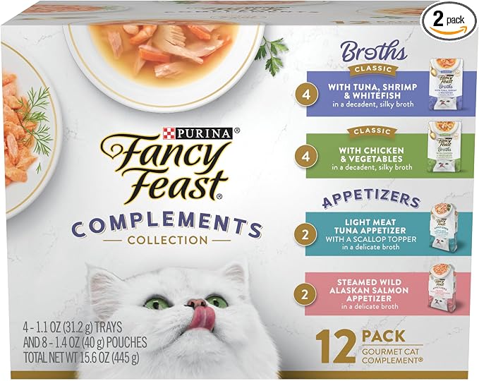 Purina Fancy Feast Lickable Appetizers and Broths Collection Grain Free Wet Cat Food Topper Variety Pack - 12 ct. Box (Pack of 2 Pack)