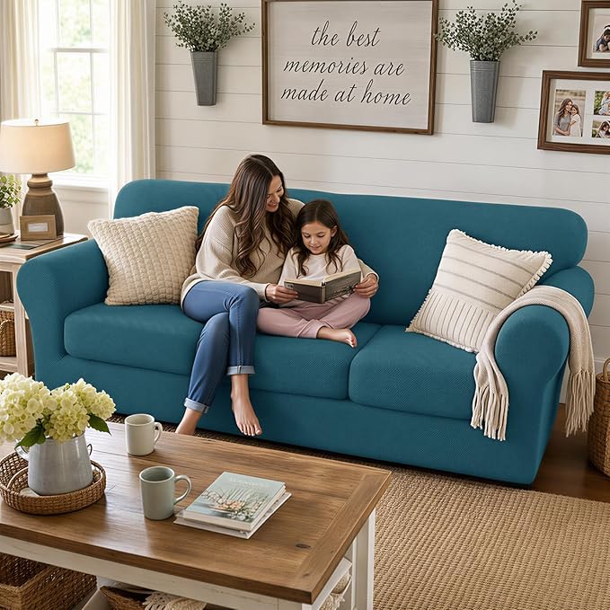 XINEAGE New 3 Pieces Couch Covers for 2 Cushion Sofa Super Stretch Loveseat Slipcover Pet Dog Universal Slip Cover Anti Slip Love Seat Furniture Protector (Peacock Blue, 55"-69")