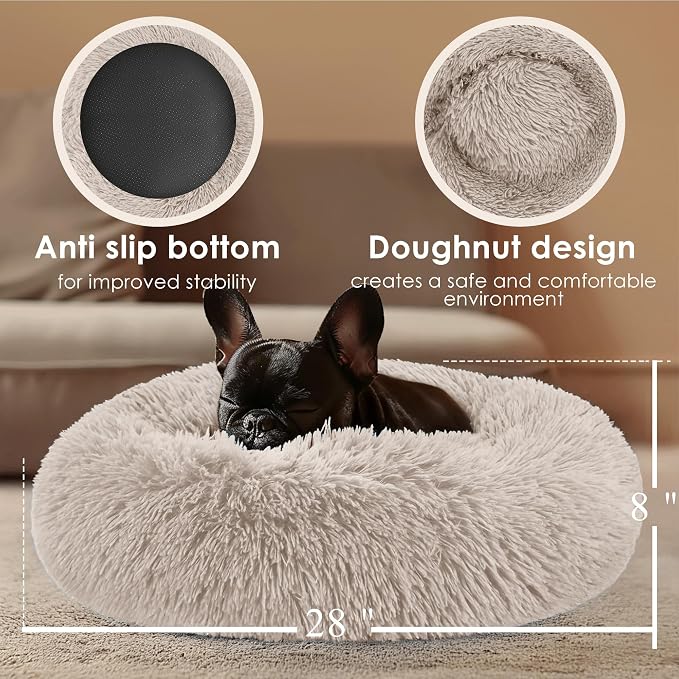 28in Large Dog Bed, Medium Size Dog and Cats, Calming Donut Bed for Puppy and Kitten, Washable Round Fluffy Pet Bed (Brown)