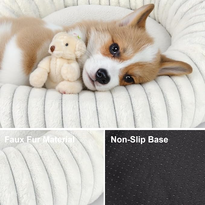 Calming Dog Bed Anti-Anxiety Donut Dog Beds for Small Medium Large Dogs,Washable Plush Fluffy Indoor Cat Kitten Round Cuddler Cushion (Cream)