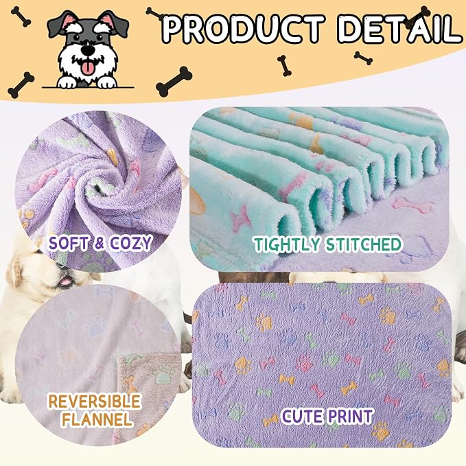 Rezutan Dog Blankets for 3 Pack Medium Blanket Cat Soft Fuzzy Blankets Washable,Soft Comfort Flannel,Pet Blanket,Reversible Dog Paw Print,30 x 20 inch,Purple/Green/Brown
