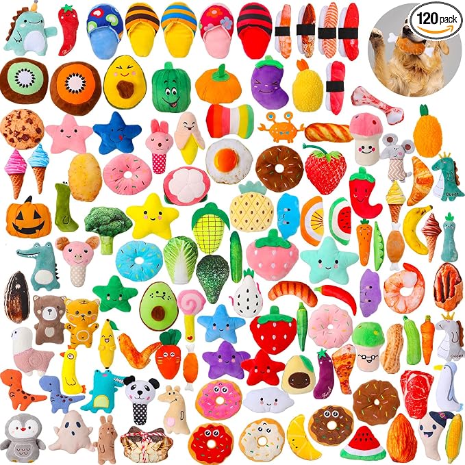 Libima 120 Pack Small Squeaky Dog Toys Bulk for Puppy Small Dogs Pets Cute Plush Stuffed Dog Toys Bundle Soft Pet Toys for Chewing and Teething, 120 Styles