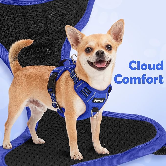 Funfox Dog Harness No Pull, Adjustable Pet Vest Harness, Super Soft Material with Vertical Handle Easy Control, Reflective Night Walking, 2 Leash Clips for Small Sized Dogs, Blue, S