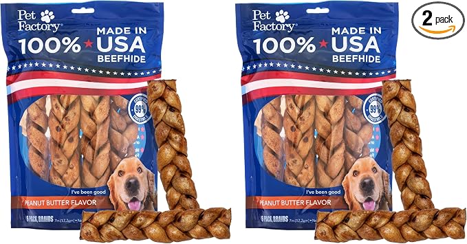 Pet Factory 7in Braided Beefhide Dog Chew Sticks with Peanut Butter Flavor - 100% USA Made Rawhide Chews for Medium Dogs,Long Lasting Dental Health,7 inches,6 Count (Pack of 2)