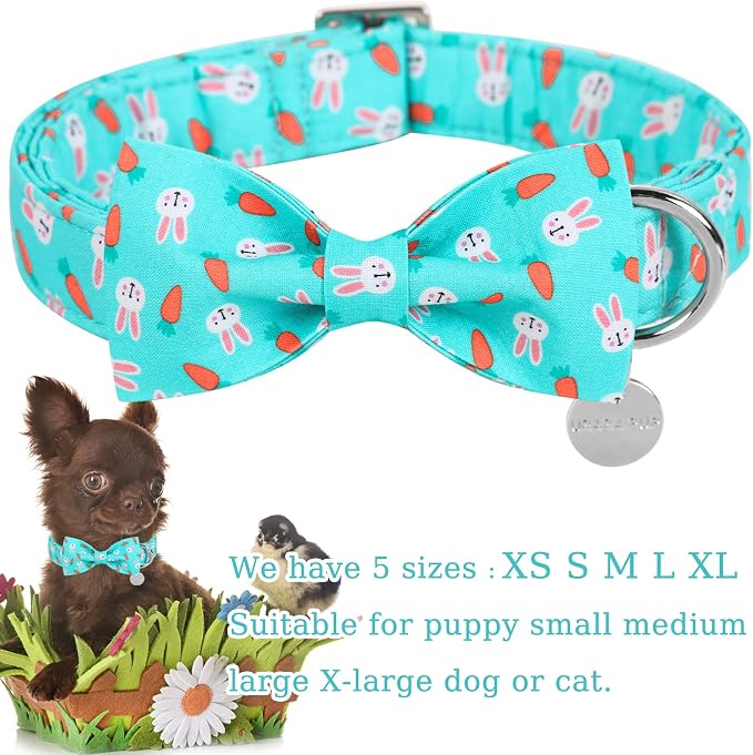 Easter Dog Collar with Bow Tie, Cotton Easter Bowtie Collar for Medium Girl Boy Dog, Cute Carrot Pet Collar with Metal Buckle, Easter Gift Rabbit Dog Collar, M