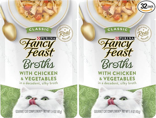 Fancy Feast Purina Broths Classic with Chicken and Vegetables Lickable Wet Cat Food Broth Topper, 1.4 oz Pouches (Pack of 32)