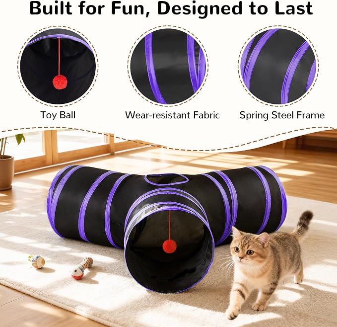 Tempcore Cat Tunnel for Indoor Cats, 3 Way Collapsible Pet Play Tunnel with Teaser Wand, Peek Holes & Hanging Ball, Interactive Tube for Kittens & Rabbits, Black & Purple