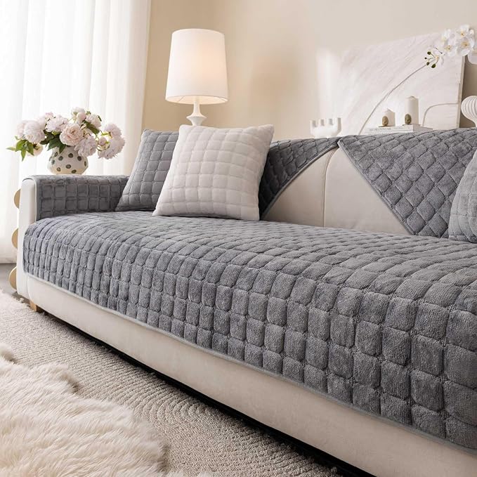 Velvet Washable Couch Cover for Pets Dogs, Non Slip Sectional Sofa Covers for 3 Cushion Couch Sofa L Sharped Sofa Arm Slipcover, Furniture Protector Covers(1 PCS 27"x27" Dark Grey)