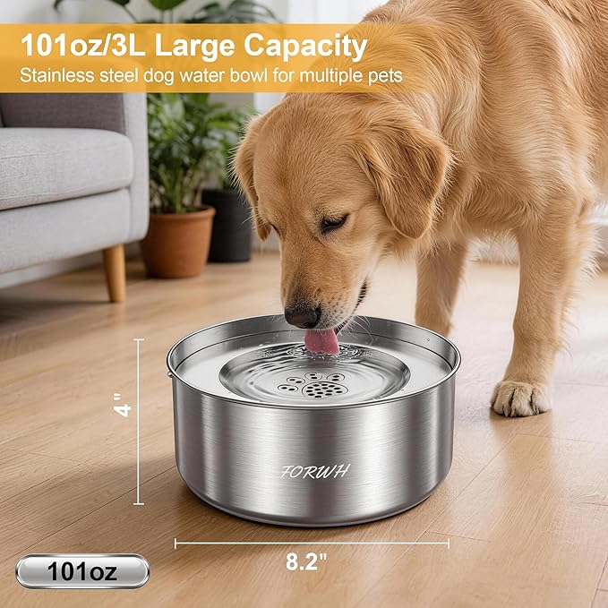 304 Stainless Steel Dog Water Bowl No Spill, 101oz/3L Large Capacity Pet Water Dispenser with Floating Disk, Non-Slip Slow Drink Feeder for Cat, Anti-Gulping & Splash Proof for Travel, Car & Home