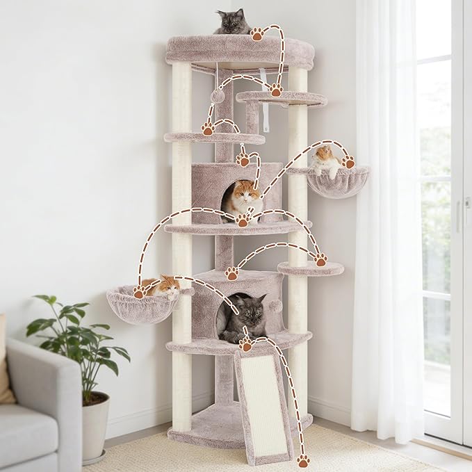 Gitelsnour Corner Cat Tree for Indoor Cats, Cat Tower with All Sisal Scratching Posts, Multi-Level Cat Condo wth 2 Large Cat Caves, Big Top Perch, 2 Hanging Baskets, Sisal Ramp, Mushroom GCT035MU