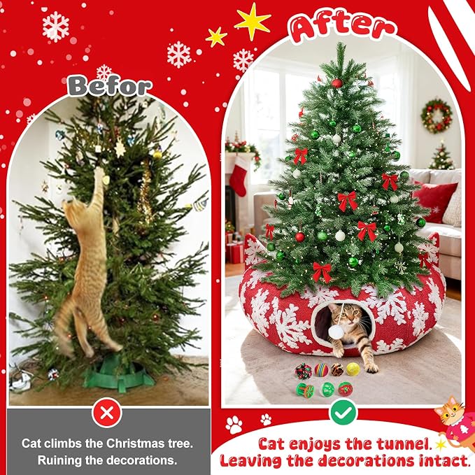 OurWarm Large Cat Tunnel Bed for Indoor Cats with 11 Toys, Round Donut Cat Cave Under Christmas Tree Skirt, Red Snowflake Christmas Cats Tunnel with Soft Mat Xmas Decor for Kitten, Rabbit, Puppy Play
