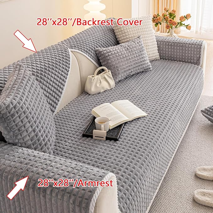Velvet Couch Cover Sectional, Funny Fuzzy Pet Couch Covers for 3 Cushions Sofa, Plush Warm Sofa Covers for Pets Washable, Non-slip Couchs Cover for Pets & Kids(1PC, Light Grey, 35.4"×82.6")